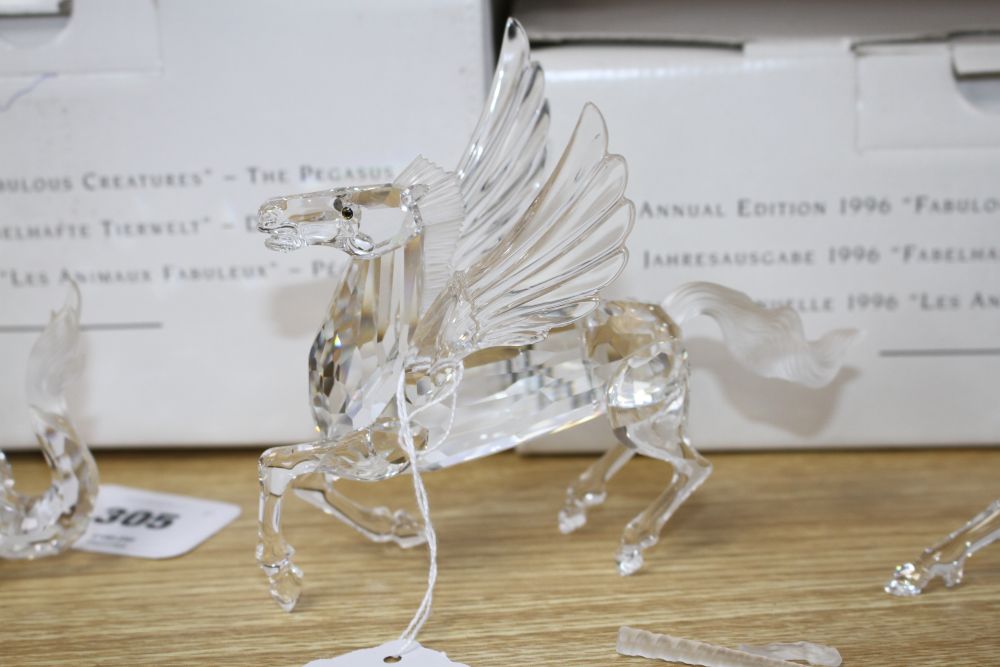 Three Swarovski Crystal Annual Edition Fabulous Beasts, The Unicorn, The Dragon and The Pegasus, 1996-1998